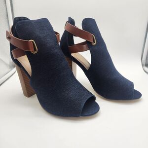 Women's Navy Peep-Toe Block Heel Sandals with Brown Ankle Strap